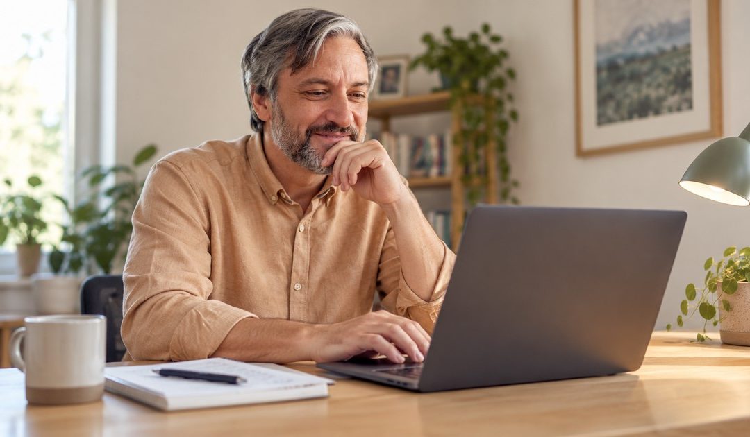 A salt-and-pepper bearded man reviews therapist appointment information on a compact charcoal laptop at a modest plywood work desk.
