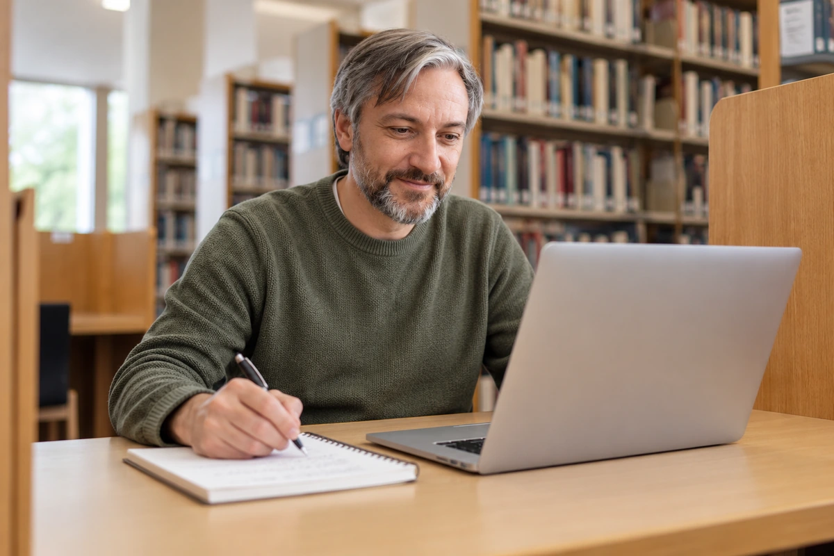 A man makes notes while reviewing a laptop at a library study desk.