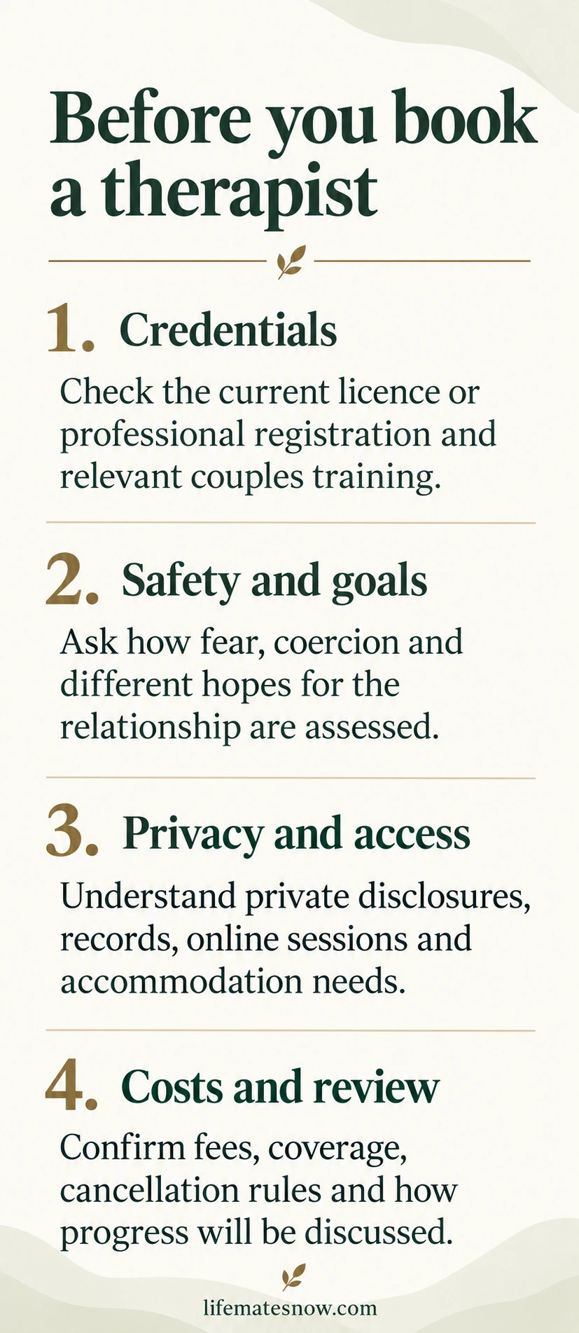 Before you book a therapist: Credentials, Safety and goals, Privacy and access, Costs and review.
