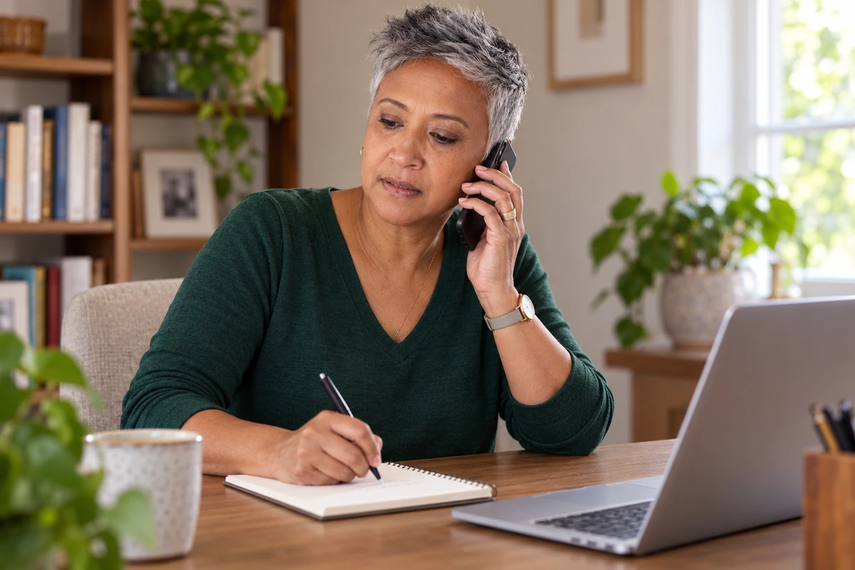 Woman making a private phone call while taking notes at a home desk