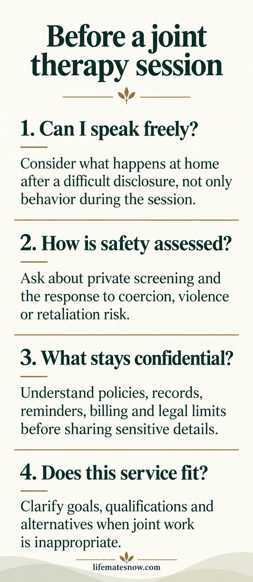 Before a joint therapy session: Can I speak freely?, How is safety assessed?, What stays confidential?, Does this service fit?.